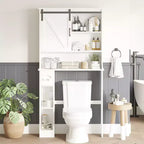 Armario de almacenamiento para colocar sobre el inodoro con puerta corrediza de granero, estante organizador de baño con repisa ajustable y soporte para papel higiénico para baño