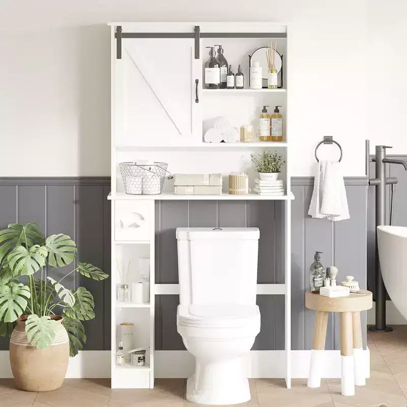 Armario de almacenamiento para colocar sobre el inodoro con puerta corrediza de granero, estante organizador de baño con repisa ajustable y soporte para papel higiénico para baño