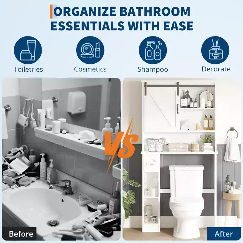 Armario de almacenamiento para colocar sobre el inodoro con puerta corrediza de granero, estante organizador de baño con repisa ajustable y soporte para papel higiénico para baño