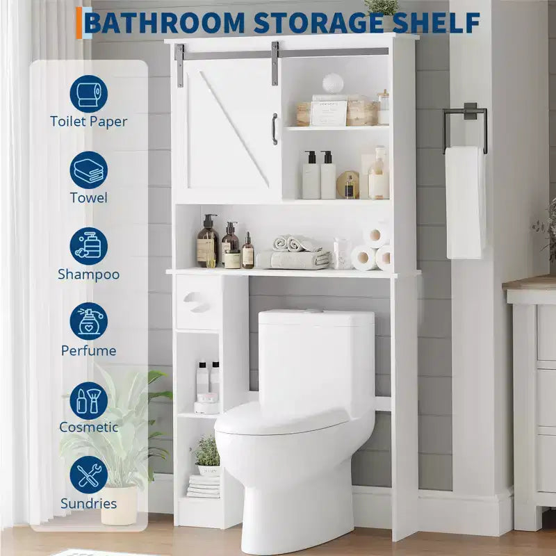 Armario de almacenamiento para colocar sobre el inodoro con puerta corrediza de granero, estante organizador de baño con repisa ajustable y soporte para papel higiénico para baño
