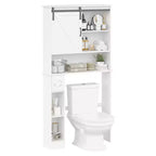 Armario de almacenamiento para colocar sobre el inodoro con puerta corrediza de granero, estante organizador de baño con repisa ajustable y soporte para papel higiénico para baño