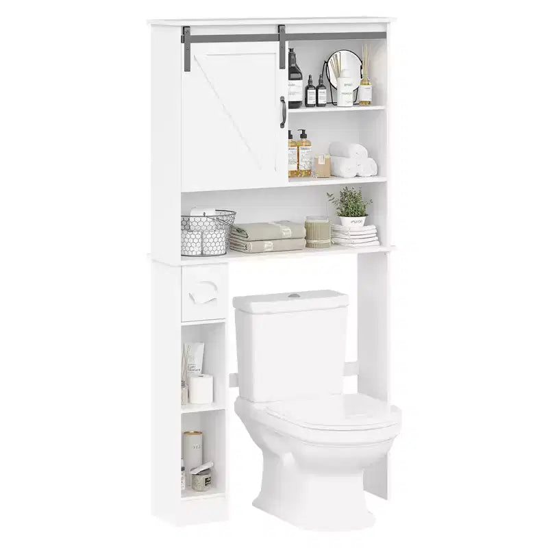 Armario de almacenamiento para colocar sobre el inodoro con puerta corrediza de granero, estante organizador de baño con repisa ajustable y soporte para papel higiénico para baño