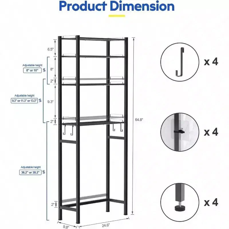 Estante organizador para baño de 4 niveles sobre el inodoro, estantería de almacenamiento negra con altura ajustable, mueble independiente que ahorra espacio