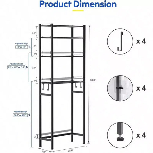 Estante organizador para baño de 4 niveles sobre el inodoro, estantería de almacenamiento negra con altura ajustable, mueble independiente que ahorra espacio