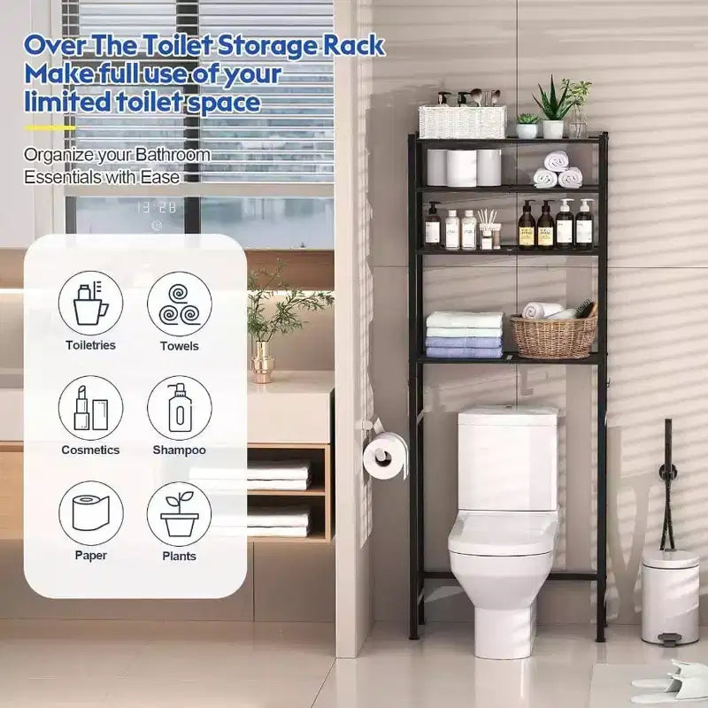 Estante organizador para baño de 4 niveles sobre el inodoro, estantería de almacenamiento negra con altura ajustable, mueble independiente que ahorra espacio