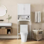 Mueble de almacenamiento para baño sobre inodoro de doble puerta, organizador blanco para inodoro con estante interior ajustable y estante de almacenamiento abierto