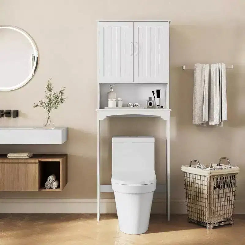 Mueble de almacenamiento para baño sobre inodoro de doble puerta, organizador blanco para inodoro con estante interior ajustable y estante de almacenamiento abierto