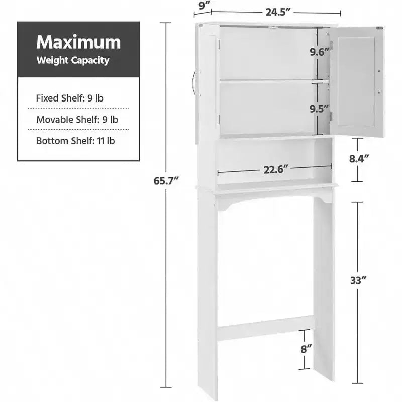 Mueble de almacenamiento para baño sobre inodoro de doble puerta, organizador blanco para inodoro con estante interior ajustable y estante de almacenamiento abierto