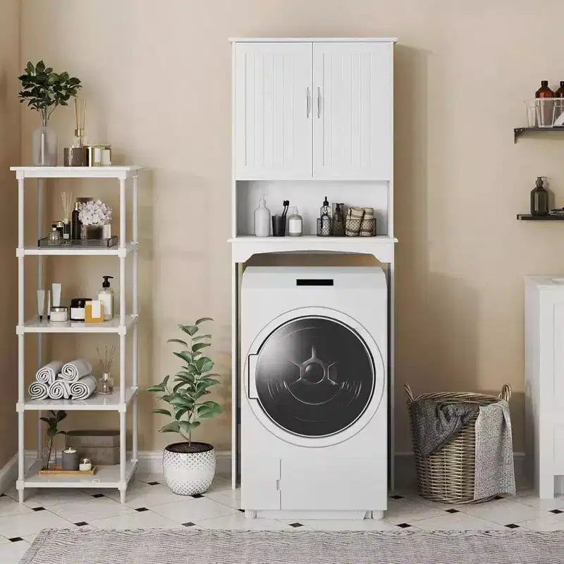 Mueble de almacenamiento para baño sobre inodoro de doble puerta, organizador blanco para inodoro con estante interior ajustable y estante de almacenamiento abierto