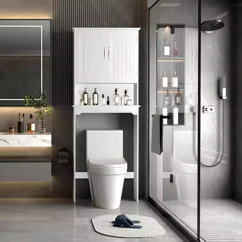 Mueble de almacenamiento para baño sobre inodoro de doble puerta, organizador blanco para inodoro con estante interior ajustable y estante de almacenamiento abierto