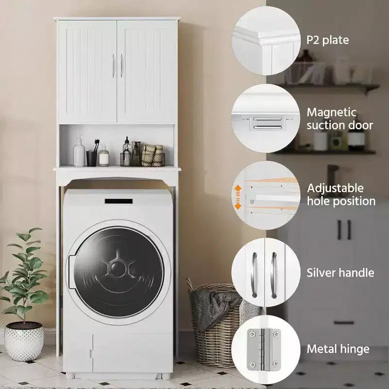 Mueble de almacenamiento para baño sobre inodoro de doble puerta, organizador blanco para inodoro con estante interior ajustable y estante de almacenamiento abierto