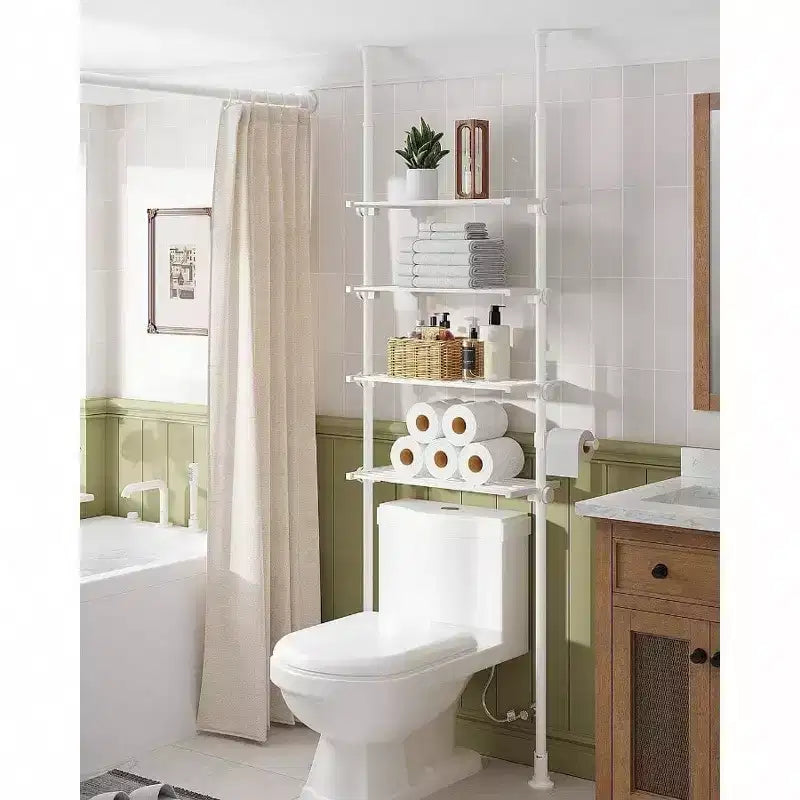 Adjustable Over Toilet Storage Shelf 4 - Tier Bathroom Organizer White Tension Mounted Ample Storage Fits 64 - 113 Inch Heights