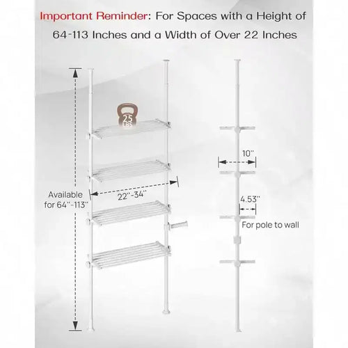 Estantería de almacenamiento ajustable sobre el inodoro de 4 niveles para baño, organizador blanco con tensión, amplio espacio de almacenamiento, se adapta a alturas de 162 a 287 cm