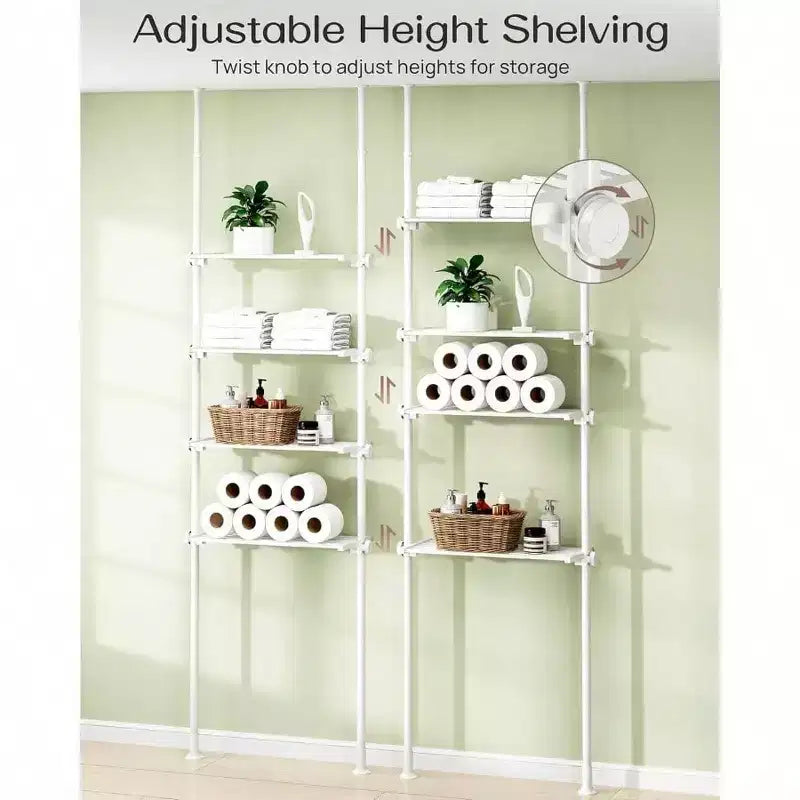 Estantería de almacenamiento ajustable sobre el inodoro de 4 niveles para baño, organizador blanco con tensión, amplio espacio de almacenamiento, se adapta a alturas de 162 a 287 cm
