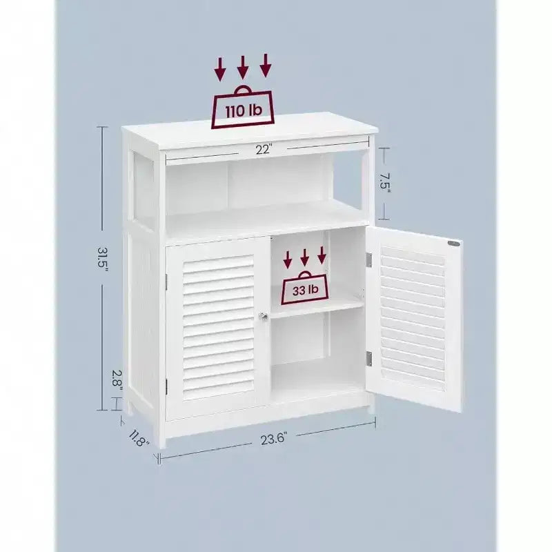 Mueble de almacenamiento de suelo, independiente con puertas de doble persiana, estante ajustable, blanco para sala de estar, entrada, cocina