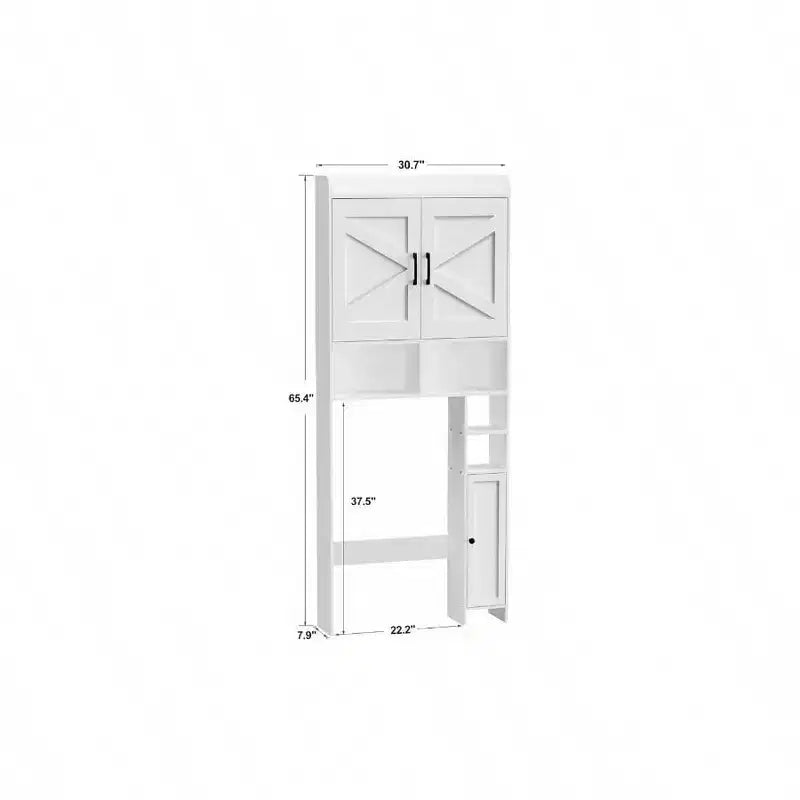 Armario de almacenamiento para encima del inodoro con 2 puertas de granero y soporte, color blanco, estantería de baño independiente, ahorrador de espacio para inodoro/lavadero
