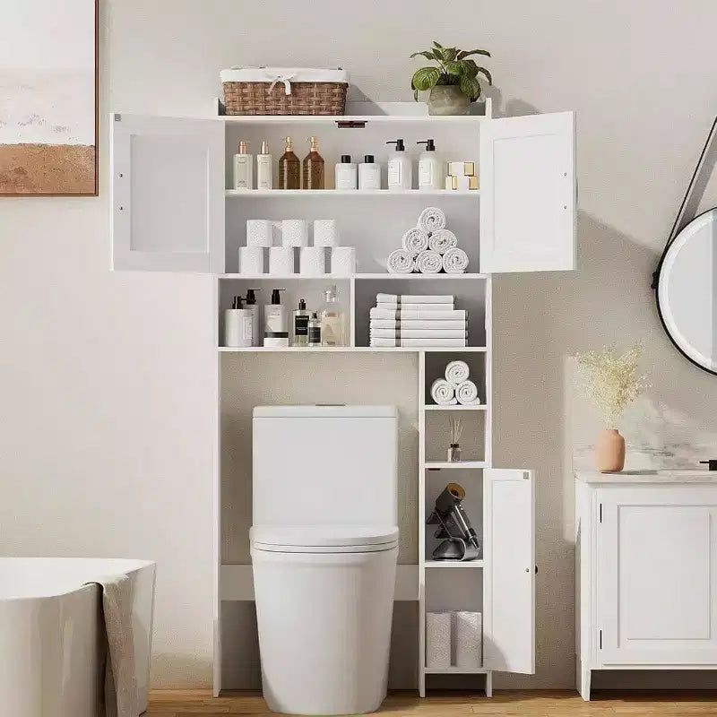 Armario de almacenamiento para encima del inodoro con 2 puertas de granero y soporte, color blanco, estantería de baño independiente, ahorrador de espacio para inodoro/lavadero