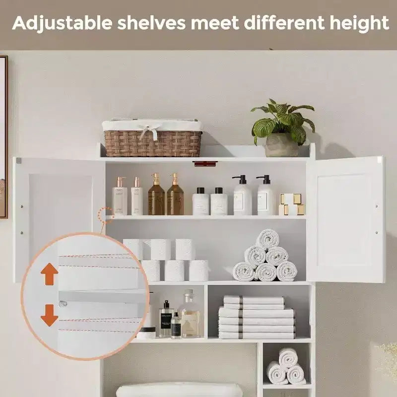 Armario de almacenamiento para encima del inodoro con 2 puertas de granero y soporte, color blanco, estantería de baño independiente, ahorrador de espacio para inodoro/lavadero
