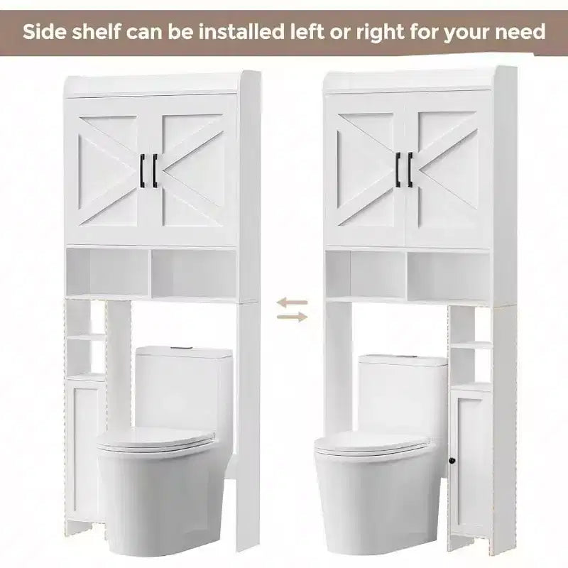 Armario de almacenamiento para encima del inodoro con 2 puertas de granero y soporte, color blanco, estantería de baño independiente, ahorrador de espacio para inodoro/lavadero