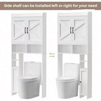 Armario de almacenamiento para encima del inodoro con 2 puertas de granero y soporte, color blanco, estantería de baño independiente, ahorrador de espacio para inodoro/lavadero