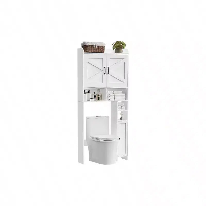 Armario de almacenamiento para encima del inodoro con 2 puertas de granero y soporte, color blanco, estantería de baño independiente, ahorrador de espacio para inodoro/lavadero
