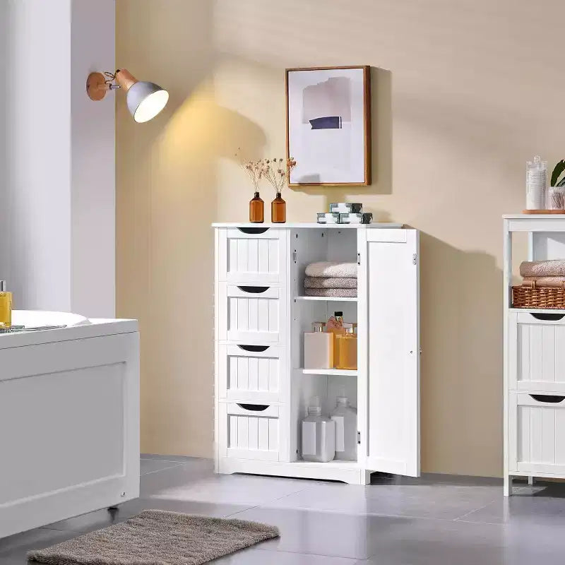 Mueble de suelo de madera blanco de 4 cajones y 1 armario, consola de entrada independiente organizador de almacenamiento de baño
