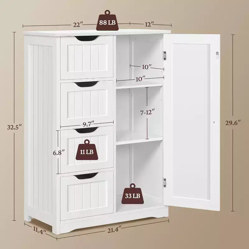 Mueble de suelo de madera blanco de 4 cajones y 1 armario, consola de entrada independiente organizador de almacenamiento de baño