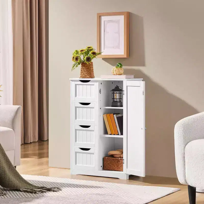 Mueble de suelo de madera blanco de 4 cajones y 1 armario, consola de entrada independiente organizador de almacenamiento de baño