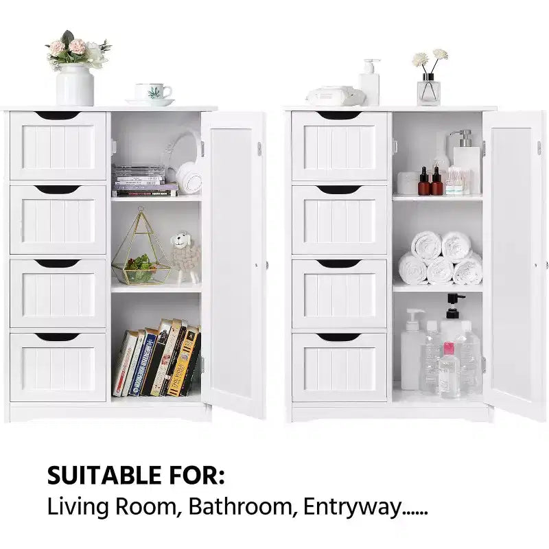 Mueble de suelo de madera blanco de 4 cajones y 1 armario, consola de entrada independiente organizador de almacenamiento de baño