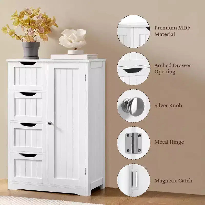 Mueble de suelo de madera blanco de 4 cajones y 1 armario, consola de entrada independiente organizador de almacenamiento de baño