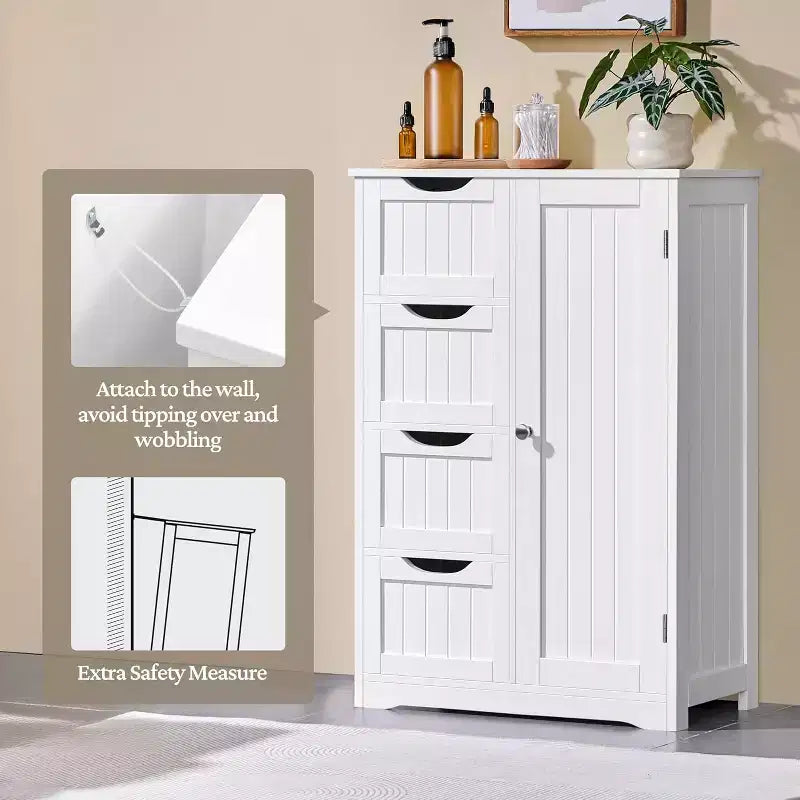 Mueble de suelo de madera blanco de 4 cajones y 1 armario, consola de entrada independiente organizador de almacenamiento de baño