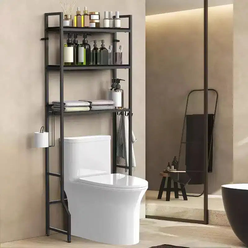 Over Toilet Storage 3 Tier Wooden Bathroom Organizer Black Space Saver Freestanding Above Toilet Stand with 4 Hooks Restroom Laundry