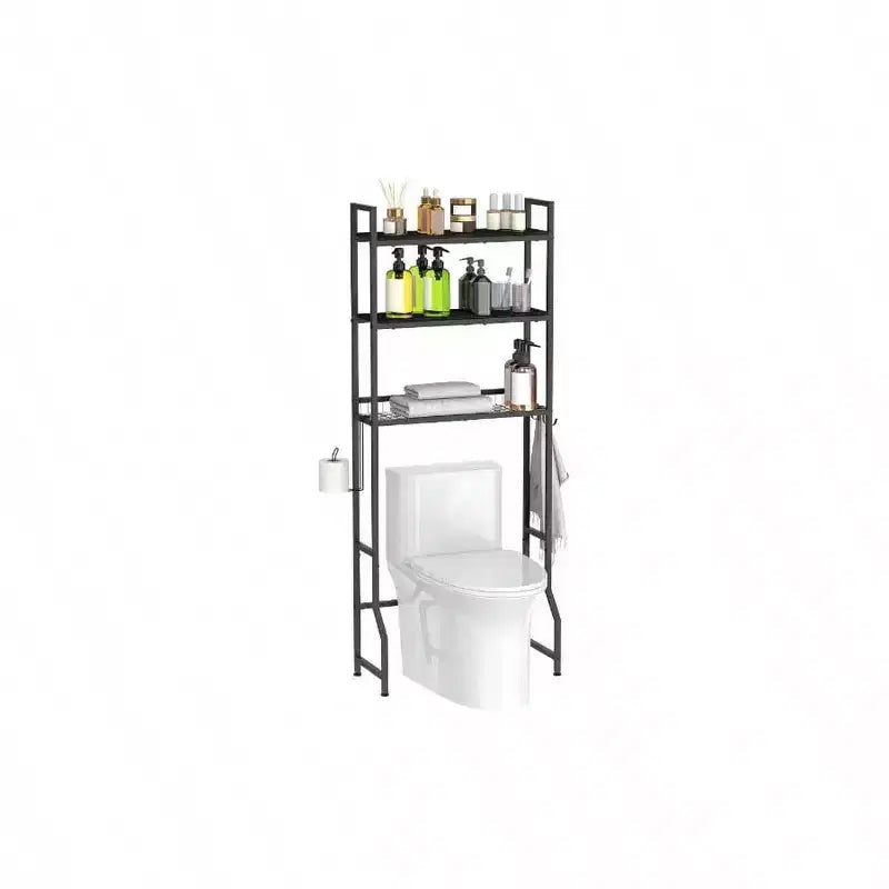 Estante de almacenamiento de 3 niveles de madera para baño, organizador de baño sobre inodoro, ahorro de espacio, independiente, con 4 ganchos, para baño o lavadero