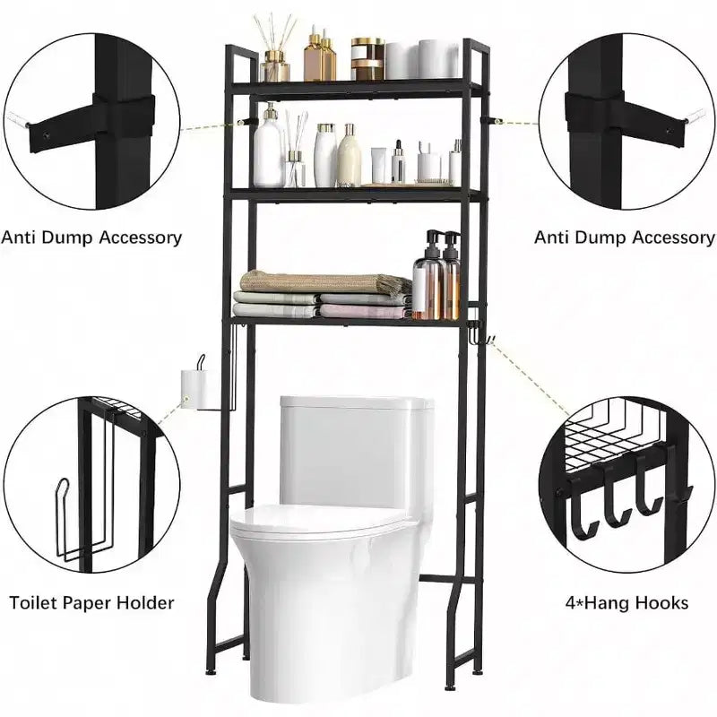 Estante de almacenamiento de 3 niveles de madera para baño, organizador de baño sobre inodoro, ahorro de espacio, independiente, con 4 ganchos, para baño o lavadero