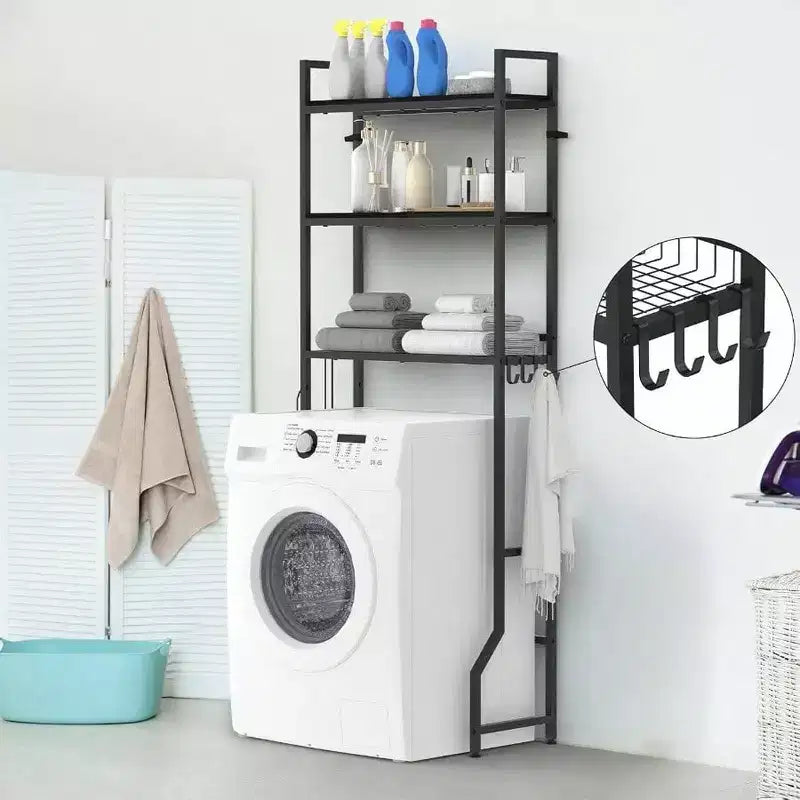 Estante de almacenamiento de 3 niveles de madera para baño, organizador de baño sobre inodoro, ahorro de espacio, independiente, con 4 ganchos, para baño o lavadero