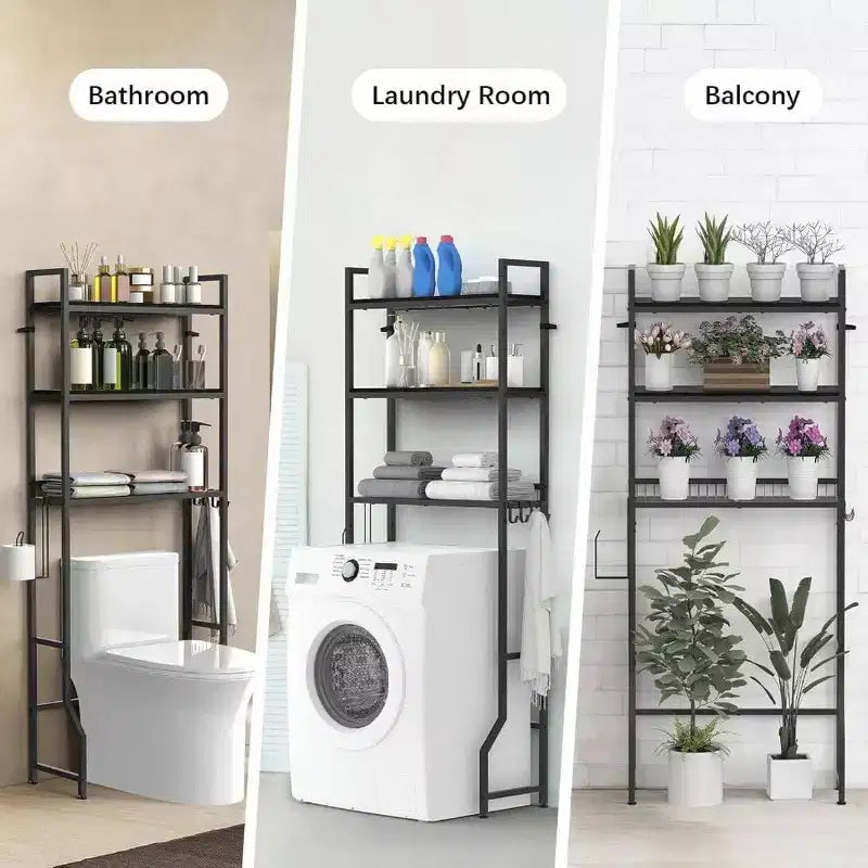 Estante de almacenamiento de 3 niveles de madera para baño, organizador de baño sobre inodoro, ahorro de espacio, independiente, con 4 ganchos, para baño o lavadero