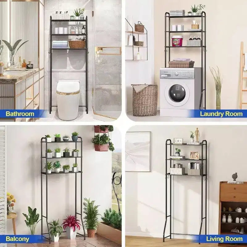Estante de almacenamiento de 3 niveles sobre el inodoro, organizador de baño, estantes, mueble negro, independiente, ahorrador de espacio
