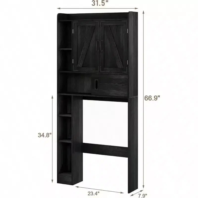 Armario de almacenamiento sobre el inodoro, almacenamiento de baño estilo rústico con puerta corredera, estantes ajustables que ahorran espacio en color negro