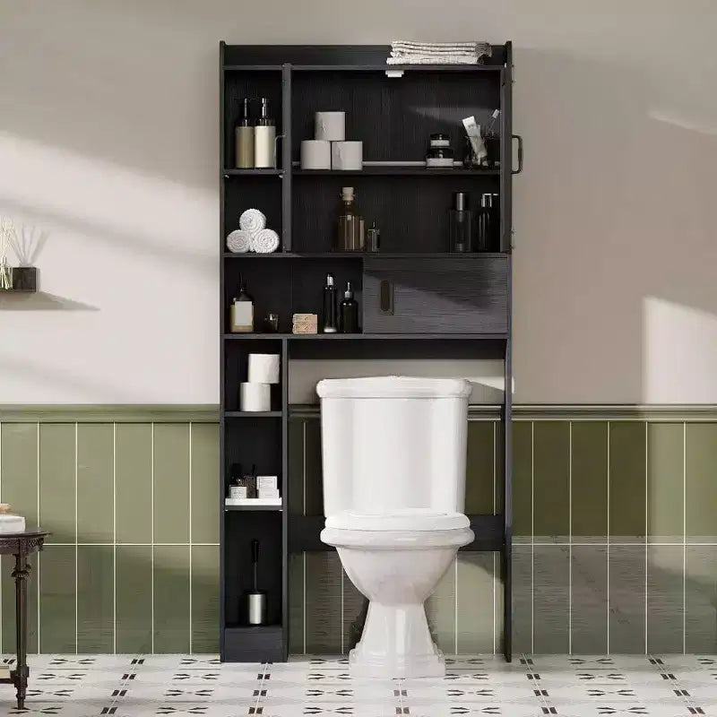 Armario de almacenamiento sobre el inodoro, almacenamiento de baño estilo rústico con puerta corredera, estantes ajustables que ahorran espacio en color negro