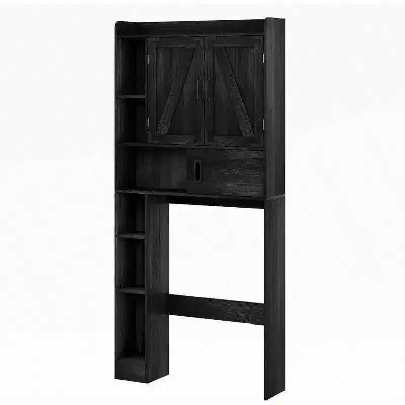 Armario de almacenamiento sobre el inodoro, almacenamiento de baño estilo rústico con puerta corredera, estantes ajustables que ahorran espacio en color negro