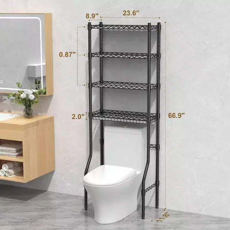 Estante de almacenamiento de 4 niveles para colocar sobre el inodoro, organizadores de baño con estante ajustable y cesta, color negro, gabinete de almacenamiento para espacios pequeños