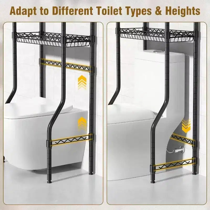 Estante de almacenamiento de 4 niveles para colocar sobre el inodoro, organizadores de baño con estante ajustable y cesta, color negro, gabinete de almacenamiento para espacios pequeños