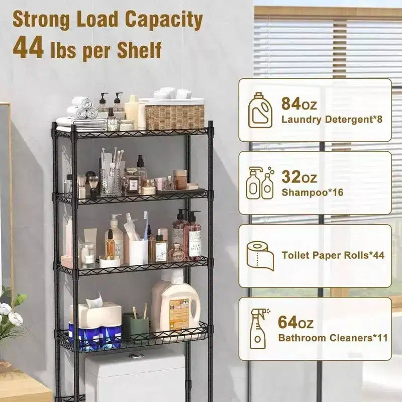 Estante de almacenamiento de 4 niveles para colocar sobre el inodoro, organizadores de baño con estante ajustable y cesta, color negro, gabinete de almacenamiento para espacios pequeños