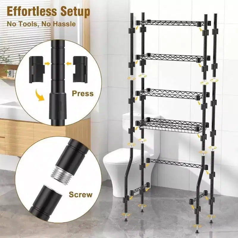 Estante de almacenamiento de 4 niveles para colocar sobre el inodoro, organizadores de baño con estante ajustable y cesta, color negro, gabinete de almacenamiento para espacios pequeños