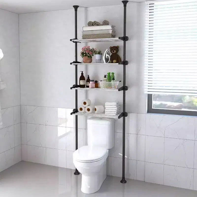 4 Tiers Over Toilet Storage Black Bathroom Organizer Adjustable Tension Pole Shelves for Showers 97 to 116 Inches