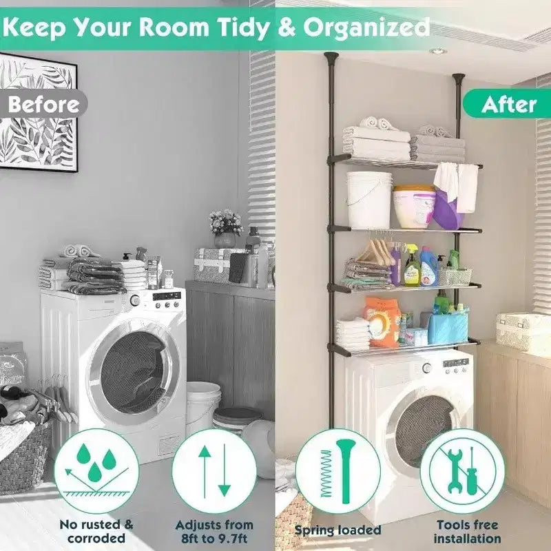 Organizador de baño negro de 4 niveles sobre el inodoro Estantes de barra de tensión ajustables para duchas de 97 a 116 pulgadas