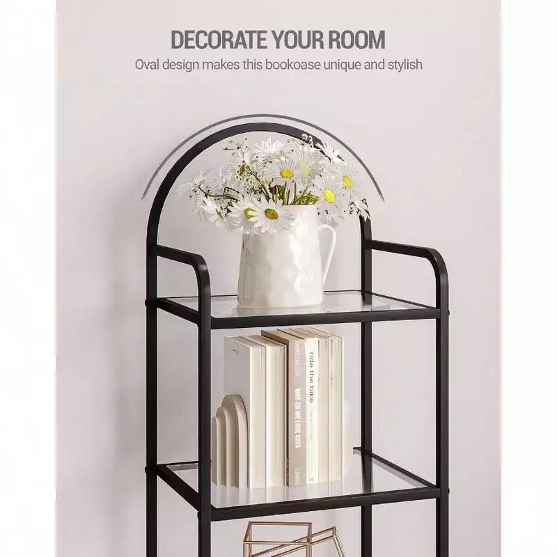 Estantería de vidrio templado, librería negra de 6 niveles con marco de acero delgado para dormitorio, baño, oficina en casa, estante de almacenamiento fuerte y resistente.