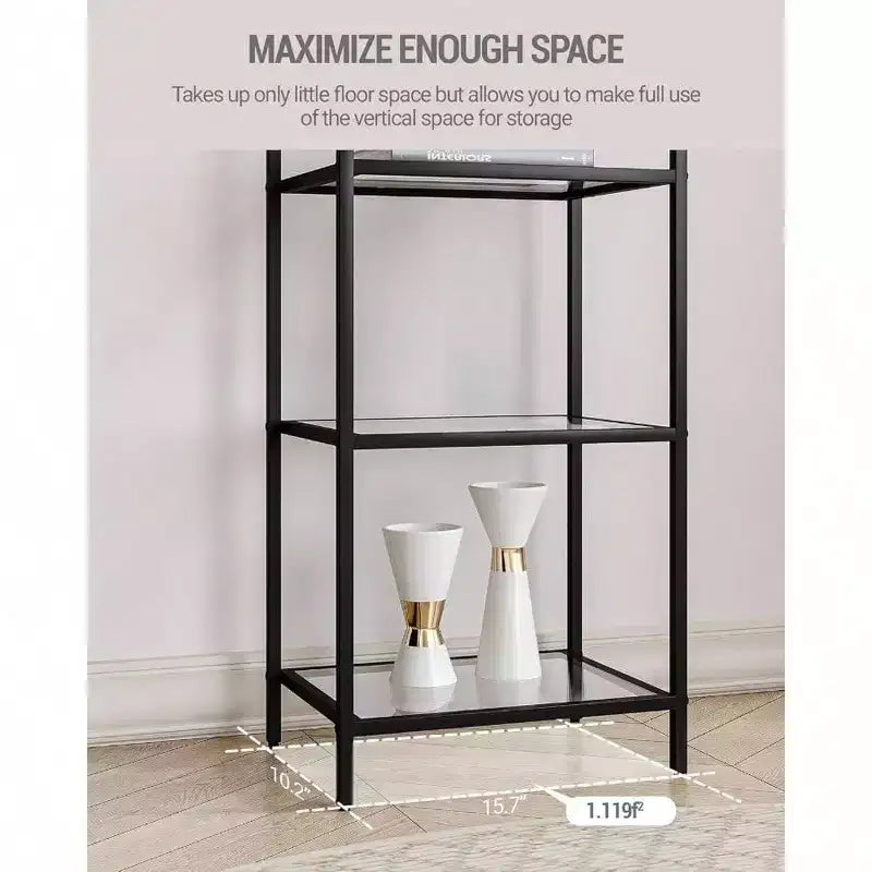 Estantería de vidrio templado, librería negra de 6 niveles con marco de acero delgado para dormitorio, baño, oficina en casa, estante de almacenamiento fuerte y resistente.
