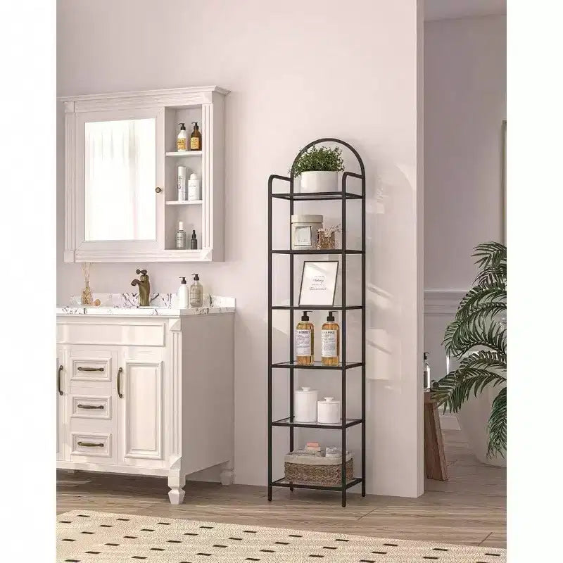 Estantería de vidrio templado, librería negra de 6 niveles con marco de acero delgado para dormitorio, baño, oficina en casa, estante de almacenamiento fuerte y resistente.