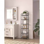Estantería de vidrio templado, librería negra de 6 niveles con marco de acero delgado para dormitorio, baño, oficina en casa, estante de almacenamiento fuerte y resistente.